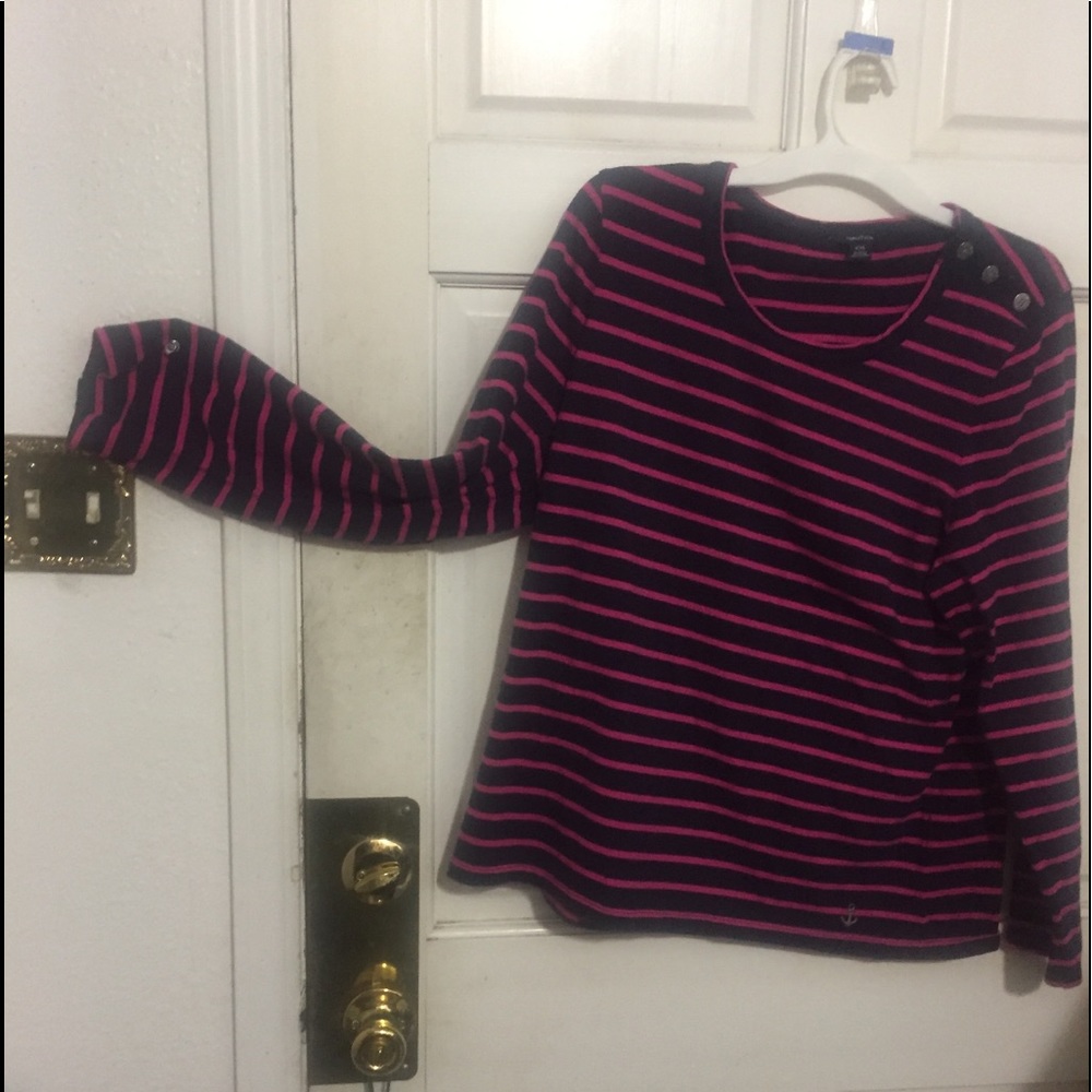 Striped top of pink on cadet blue. Not worn-NWOT.
